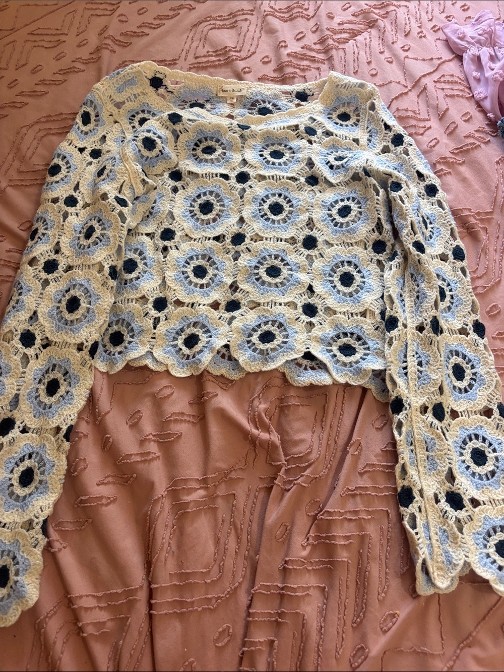 Hem & Thread Cream Crochet Floral Crop Sweater with Light Blue & Navy Accents